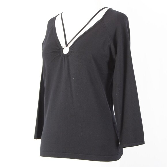 BCBG Maxazria Top NEW $145 Sz L Black 3/4 Sleeve Silk Nylon Spandex Pendant Top - Picture 5 of 16